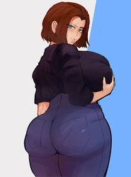 1girls ass big_ass blue_eyes bralines brown_hair clothed curvy female female_only from_behind huge_ass huge_breasts jeans looking_at_viewer mcflarey pantylines samsung samsung_sam short_hair solo standing thick_ass tight_clothing white_background