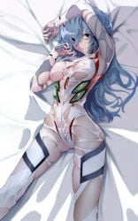 1girls blue_eyes blue_hair bodysuit breasts cleavage clothing curvy female human large_breasts long_hair neon_genesis_evangelion pale-skinned_female pale_skin pilot_suit plugsuit pussy rebuild_of_evangelion rei_ayanami skin_tight slender_waist solo solo_female torn_bodysuit torn_clothes underboob wardrobe_malfunction wide_hips yagisawa_teru