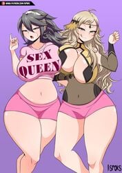 2girls arm_around_waist asymmetrical_docking bare_legs black_hair blonde_hair bodystocking breast_press breasts brown_eyes curvy fellatio_gesture female female_only fire_emblem fire_emblem_fates front_view gesture grey_eyes grey_hair handjob_gesture huge_breasts ilustretsspoks licking_lips long_hair looking_at_viewer midriff multiple_girls nail_polish naughty_face navel nintendo open_mouth ophelia_(fire_emblem) purple_nails seductive shirt shorts sideboob smile soleil_(fire_emblem) standing suggestive text_on_clothing thick_thighs tongue tongue_out voluptuous wide_hips yellow_nails