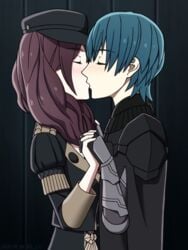 1boy 1girls blush brown_hair byleth_(fire_emblem) byleth_(fire_emblem)_(male) closed_eyes dorothea_arnault fire_emblem fire_emblem:_three_houses garreg_mach_monastery_uniform hat hetero kissing long_hair nalu_(artist) night nintendo