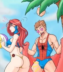 1boy 1girls beach beach_ball beach_towel bikini boner boner_in_pants bra brown_hair coconut drooling erection g-string green_eyes heart-shaped_pupils horny human human_only jean_grey light-skinned_female light-skinned_male light_skin marvel nosebleed one-piece_swimsuit pervert peter_parker randomartdude rattoilet ray_d_sauce raydsauce red_hair sideboob smiling spider-man spider-man_(series) spider_sense straight_hair swimsuit swimsuit_top telekinesis themed_clothes thong thong_bikini towel x-men