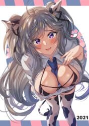 1girls big_breasts cow_print female grey_hair open_clothes original purple_eyes smile solo sweatdrop tagme takanaru twintails underwear