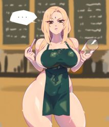 ... 1girls apron blonde_hair blue_triangles breasts cleavage clothed_female cup female female_only holding_object huge_breasts iced_latte_with_breast_milk large_areolae large_breasts long_hair mature mature_female meme nail_polish naked_apron naruto naruto_(series) naruto_shippuden pen smile solo solo_focus speech_bubble text tsunade waitress wide_hips