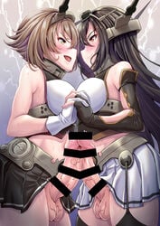 2futas big_breasts big_penis black_hair blush breasts brown_hair censor_bar censored censored_penis clothed clothing duo erection frottage frotting futa_on_futa futa_only futanari garter_belt gloves green_eyes hand_holding holding_hands hotelstcroix huge_breasts human kantai_collection light-skinned_futanari light_skin long_hair looking_at_another mutsu_(kantai_collection) nagato_(kantai_collection) orange_eyes pale_skin partially_clothed penis short_hair skirt squatting tagme testicles thighhighs thighs veiny_penis veiny_testicles white_gloves