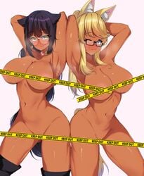 2girls animal_ears antyobi0720 armpits arms_up big_breasts black_hair blonde_hair blue_eyes blush censored collar dark-skinned_female dark_skin female female_only glasses jahy jahy_sama_wa_kujikenai! legs legwear liru naked naked_female naked_footwear nude nude_female police_tape ponytail red_gem renkin_san-kyuu_magical_pokaan tail thick_thighs tongue tongue_out white_background yellow_eyes