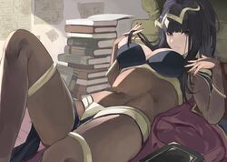 absurdres black_eyes black_hair bodystocking bodysuit book book_stack bracelet breasts cape circlet covered_navel female fire_emblem fire_emblem_awakening highres jewelry kurokami_kinniku_matsuri large_breasts looking_at_viewer lying nintendo on_back paper skin_tight solo source_larger stomach tharja_(fire_emblem) thighs tiara two_side_up