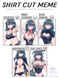 alternate_costume bikini black_bikini black_swimsuit blue_eyes blue_hair breasts bunny_ears bunny_girl bunnysuit byleth_(fire_emblem) byleth_(fire_emblem)_(female) byleth_(summer)_(fire_emblem)_(female) cat_ears catgirl cleavage cleavage_cutout elbow_gloves english_text fire_emblem fire_emblem:_three_houses fire_emblem_heroes gloves halloween large_breasts lazzledazzler looking_at_viewer medium_hair meme nintendo official_alternate_costume pomme_(lazzledazzle) shirt_cut_meme sideboob smile sports_bra swimsuit tank_top teal_hair text torn_clothes underboob white_background wolf_girl