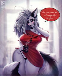 anthro beverage big_breasts breasts bulging_breasts canid canid_demon canine clothed clothing coffee coffee_mug collar completealienation demon digital_drawing_(artwork) digital_media_(artwork) digital_painting_(artwork) ear_piercing eyebrow_piercing facial_piercing female fluffy fluffy_tail fur genitals hellhound helluva_boss hi_res looking_aside looking_away loona_(helluva_boss) mammal morning_after nipples panties piercing pinup pose pussy shy solo solo_focus suggestive tagme text thick_thighs underwear white_body white_fur wide_hips