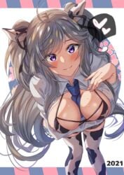 1girls big_breasts cow_print female grey_hair open_clothes original purple_eyes smile solo tagme takanaru twintails underwear