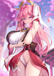 1girls blush breasts fox_ears fox_envoy fox_girl genshin_impact japanese_clothes kimono large_breasts meion nipple nipple_slip pink_hair purple_hair thick_thighs thighs yae_miko