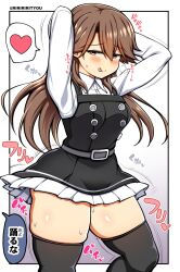 arashio_(kantai_collection) blush breasts brown_hair female female_only heart_eyes hips kantai_collection long_hair riririrityou thighhighs thighs tongue tongue_out