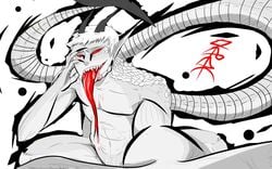 1boy black_and_white claws demon demon_horns demon_tail long_tongue naked original_character raven_ryukai red_eyes red_tongue scales