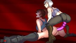 2girls anal anal_sex boots brown_hair defeated_heroine female female_focus female_on_bottom female_only lara_(lewdapocalypse) lesbian lewdapocalypse lezdom multiple_girls nicole_(lewdapocalypse) pale-skinned_female pussy rape sex_toy short_hair strap-on tongue tongue_out white_hair yuri