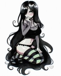 2021 aria_(parororo) aria_wintermint bare_midriff big_breasts black_hair blush borrowed_character cleavage cute dark_hair female female_focus female_only goth green_eyes hair_over_one_eye long_hair looking_at_viewer megrocks pale-skinned_female pale_skin panties solo solo_female solo_focus striped_legwear striped_thighhighs tagme thighhighs thighs very_long_hair white_background