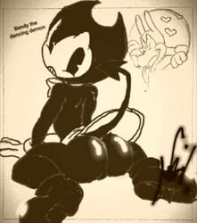 <3 2boys ass bendy bendy_and_the_ink_machine boris_the_wolf character_name gay looking_back male male_only non-human simple_background tail text tongue tongue_out toony yaoi