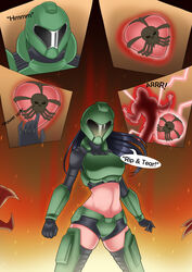 2020 armor bare_midriff blonde_hair comic doom doom_slayer_(doom) female gender_transformation genderswap_(mtf) helmet jesscatg long_hair mtf_transformation rule_63 tagme thighs transformation