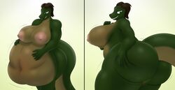 1girls 5_fingers areola areolae ass ass_grab belly big_ass big_belly big_breasts big_butt breasts butt butt_grab dragon drpolice female female_only fingers green_body hand_on_ass hand_on_butt hand_on_stomach huge_ass huge_butt large_ass large_butt looking_back scalie smile solo valeria_stoneheart vore