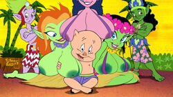 alien_girl areola_slip blue_hair duck_dodgers green_skin grope groping_breasts nipple_slip pink_skin red_hair silverfox12 string_bikini third-party_edit tight_fit