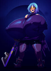 2019 2021 anti-aqua aqua_(kingdom_hearts) big_breasts blue_background blue_hair blush boots breast_grab breast_squeeze breasts cape dark_aqua_(kingdom_hearts) disney enemy_conversion erect_nipples erection_under_clothes eyebrows_visible_through_hair gigantic_breasts high_resolution highres holding_breast huge_breasts hyper_breasts impossible_clothes keyblade kingdom_hearts large_breasts leggings lipstick looking_down riendonut short_hair shorts sleeveless sleeveless_shirt smile square_enix thick_thighs yellow_eyes