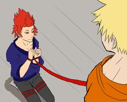 2boys bondage eijirou_kirishima katsuki_bakugou male my_hero_academia raven_ryukai red_rope shibari_over_clothes spiky_hair yaoi