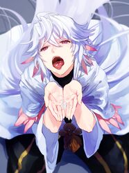 1boy androgynous artist_request cum cum_in_hands cum_in_mouth cum_on_tongue fate/grand_order fate/stay_night fate_(series) femboy looking_at_viewer male male_only merlin_(fate) pov_eye_contact purple_hair red_eyes solo solo_male tongue tongue_out trap white_hair