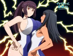 2girls 774_(nanashi) angry angry_face black_hair breast_press breasts catfight comparing comparing_breasts female female_only hand_on_hip hand_on_own_hip hayase_nagatoro hi_res huge_breasts imminent_sex light_skin lightning long_hair looking_down looking_up multiple_girls please_don't_bully_me,_nagatoro ponytail president_(nagatoro) pushing_breasts_together red_eyes rivals sana_sunomiya screencap sexual_tension small_breasts swimsuit tan_skin tanline tight_clothing