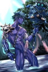 abs bandages bandana blue_eyes blue_hair cum cum_on_penis earring elf_ears fangs genshin_impact genzonillablack in_water male_only mask muscular nipples outdoors outside pecs penis pointy_ears purple_skin samachurl solo_male staff tattoos