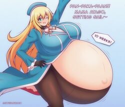 atago_(kantai_collection) beret big_breasts blonde_hair english_text fat female female_only gloves hand_on_hip huge_belly huge_breasts hyper hyper_belly hyper_pregnancy kantai_collection long_hair looking_at_viewer maternity_pantyhose open_clothes overweight pantyhose pregnant ready_to_pop slightly_chubby solo stygianrook uniform wink