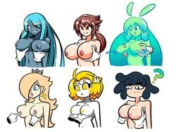 6girls alien_girl blue_hair breasts bubbles_(shuji_atatacha) confusion crossover crown danchan dark_samus earrings exclamation_mark green_skin groping_breasts hair_over_one_eye long_hair mario_(series) metroid multiple_girls multiple_images navel nintendo nipple_play nipples ponytail princess_rosalina question_mark red_eyes school_fight short_hair shuji_atatacha slime_girl summer7 white_skin wink yellow_eyes yui_rakkuza