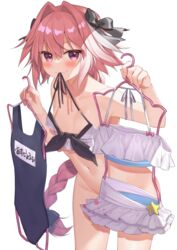 1boy astolfo_(fate) blush braided_hair citron_82 convenient_censoring eye_contact fate/grand_order fate_(series) femboy girly long_hair looking_at_viewer male nude pink_hair smile solo swimsuit thighs white_background