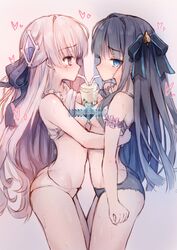 2girls arcaea ass_cleavage black_hair blue_eyes blush breasts bubble_tea_challenge butt_crack censored censored_breasts censored_nipples eyebrows_visible_through_hair female female/female female_only hikari_(arcaea) multiple_girls nipple_censor panties pink_eyes pinned_to_wall simple_background tairitsu_(arcaea) tandohark tapioca_challenge thighs underwear white_hair yuri