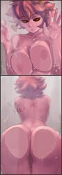 1girls against_glass areolae ass big_ass big_breasts big_butt black_sclera breasts eye_contact favorite female large_breasts looking_at_viewer mina_ashido my_hero_academia nipples paranoiddroid pink_eyes pink_hair pink_skin pussy seductive short_hair shower thick_ass thick_thighs thighs yellow_eyes