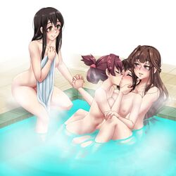 4girls akagi_(kantai_collection) female female_only fubuki_(kantai_collection) hand_holding kantai_collection kissing kongou_(kantai_collection) multiple_girls nude twrlare yamato_(kantai_collection) yuri