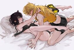 2girls bedroom before_sex bite_marks bitemarks black_hair black_lingerie blake_belladonna blonde_hair blushing canon_couple cat_ears catgirl imminent_sex kimosugimasu lesbians naizo_(kimosugimasu) rwby yang_xiao_long yuri