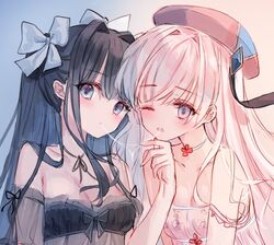 2girls arcaea black_hair blue_eyes blue_hair breasts choker hikari_(arcaea) lace lesbian lesbians lingerie pink_eyes purple_eyes saliva saliva_string saliva_trail tairitsu_(arcaea) tandohark white_hair yuri