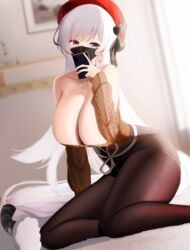 1girls absurdres azur_lane bare_shoulders belfast_(azur_lane) belfast_(shopping_with_the_head_maid)_(azur_lane) black_legwear breasts cleavage clothes_around_waist female female_focus female_only hat highres hoop_earrings huge_breasts kneeling large_breasts long_hair mask mouth_mask nicorima official_alternate_costume pantyhose partially_undressed pencil_skirt seiza selfie sitting skirt solo solo_female solo_focus sweater sweater_around_waist thick_thighs thighs very_long_hair white_hair