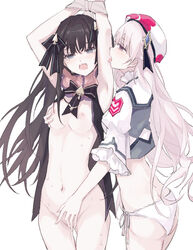 2girls arcaea armpits big_breasts black_hair blue_eyes blush breasts eroaea finger_fuck fingering fingering_pussy hikari_(arcaea) lesbian licking licking_arm multiple_girls nipple_play nipples partially_clothed purple_hair tairitsu_(arcaea) tongue tongue_out white_hair yuri