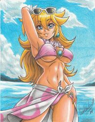 1girls 2018 arm_behind_head armpits bare_midriff big_breasts bikini blonde blonde_hair blue_eyes breasts brooch curvy eyebrows_visible_through_hair female female_only flower_lei flower_necklace lei light-skinned_female light_skin looking_at_viewer mario_(series) nintendo pencil_(artwork) pink_bikini princess_peach princess_peach_(swimwear) ravern_clouk sarong solo solo_female sunglasses sunglasses_on_head super_mario_odyssey swimsuit tagme thick_thighs thighs tight_bikini underboob white_sunglasses