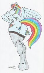 anthro big_ass big_breasts big_butt blue_body blue_fur blue_pussy dat_ass furry hasbro looking_at_viewer looking_back marlon64 muscular_female my_little_pony my_little_pony my_little_pony_friendship_is_magic naked_female naked_stockings pegasus purple_eyes rainbow_dash_(mlp) rainbow_fur rainbow_hair sideboob smiling_at_viewer solo traditional_drawing_(artwork) white_background winged_humanoid