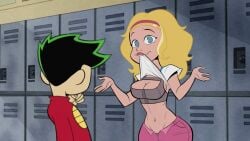 1boy 1boy1girl 1girls 2024 american_dragon:_jake_long big_breasts blonde_hair blue_eyes bra breasts canon_couple couple disney disney_channel faceless_male female green_hair hallway jacket jake_long lifting_shirt lipstick male pac-man_eyes pants rose rose_(huntsgirl) school screencap screenshot septum_(artist) shirt_lift spiked_hair straight teenager teeth