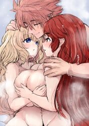 1boy 2girls belly belly_button big_breasts blonde_hair blue_eyes breasts breasts_pressed_together closed_eyes huge_breasts hugging isekai_koushoku_musou_roku long_hair naked nude ohanachan pink_hair red_hair shower thick tummy wet wet_body wholesome yellow_eyes