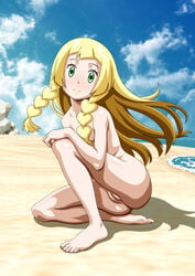 1girls bangs barefoot beach blonde_hair braid carinae feet green_eyes innie_pussy light-skinned_female light_skin lillie_(pokemon) long_hair looking_at_viewer naked nintendo nipples nude pinup pokemon pokemon_sm pussy slender_legs small_breasts solo straight_hair tagme thighs toes