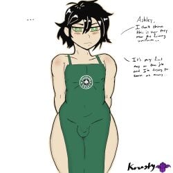 1boy andrew_graves apron_only black_hair blush bulge femboy fuck_me_(text) gay green_eyes light-skinned_male male_only naked_apron nervous nihilist penis presenting starbucks sweat the_coffin_of_andy_and_leyley twink yaoi