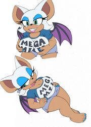 1girls anthro bedroom_eyes big_breasts blue_eyeshadow blue_fingernails blue_toenails breasts cleavage fingernails grabbing_breasts grabbing_own_breast green_eyes mega_milk meme omegasunburst pink_lipstick rouge_the_bat sega shirt shorts sonic_(series) sonic_the_hedgehog_(series) t-shirt text_on_clothing thick_thighs toenail_polish voluptuous voluptuous_female white_background wide_hips