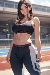 ai_generated athletic_futanari bare_midriff black_clothing brown_hair brunette brunette_futa bulge bulge_through_clothing dark_hair dark_haired_futa daytime futa_only futanari large_breasted_futa large_breasts long_hair looking_at_viewer medium_breasts navel original original_character outdoors partially_clothed pixai smile smiling_at_viewer solo solo_futa sports_bra sportswear stadium stadium_background thick_thighs