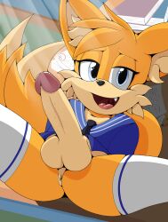 anthro anus blue_eyes book canid canine clothing desk erection fangs fox foxkai fur furniture genitals hi_res legwear lying male male_only mammal necktie on_back on_desk open_mouth paper pencil_(object) penis school_uniform sega solo sonic_(series) sonic_the_hedgehog_(series) spread_legs spreading table tails tan_body tan_fur teeth thigh_highs uniform yellow_body yellow_fur