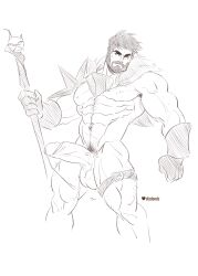 balls bara beard big_balls big_penis boner dizdoodz dragon_age dragon_age_2 erection facial_hair garrett_hawke looking_at_viewer male male_only monochrome muscles muscular pantsless penis solo solo_male