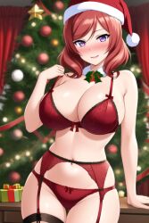 ai_generated bedroom belly_button blush christmas christmas_hat christmas_outfit christmas_tree cowboy_shot female garter_belt huge_breasts indoors kurodex lingerie love_live! love_live!_school_idol_project naughty_face nishikino_maki posing purple_eyes red_hair seductive_smile short_hair solo standing wide_hips