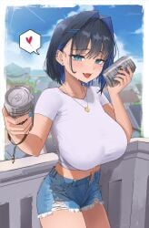 1girls archinoer balcony beer belly belly_button blue_eyes blue_hair booty_shorts bracelet breasts can clouds crop_top day daytime denim_shorts earrings fangs female hi_res hololive hololive_english hololive_english_-council- huge_breasts jean_shorts jorts light-skinned_female light_skin looking_at_viewer massive_breasts midriff navel necklace ouro_kronii outdoors outside seductive seductive_look short_hair short_shorts shorts sky t-shirt thick_thighs virtual_youtuber