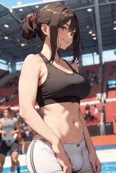 ai_generated bare_midriff black_bra brown_hair bulge bulge_through_clothing fit fit_futanari futa_only futanari long_hair looking_at_viewer navel original original_character outdoors partially_clothed pixai smile smiling_at_viewer solo solo_futa sports_bra sports_shorts sportswear stadium stadium_background tied_hair white_shorts